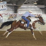 Jeff and SQH Cappuccino winning the Open Keyhole at the Pinto World Show. Jeff & SQH Cappuccino